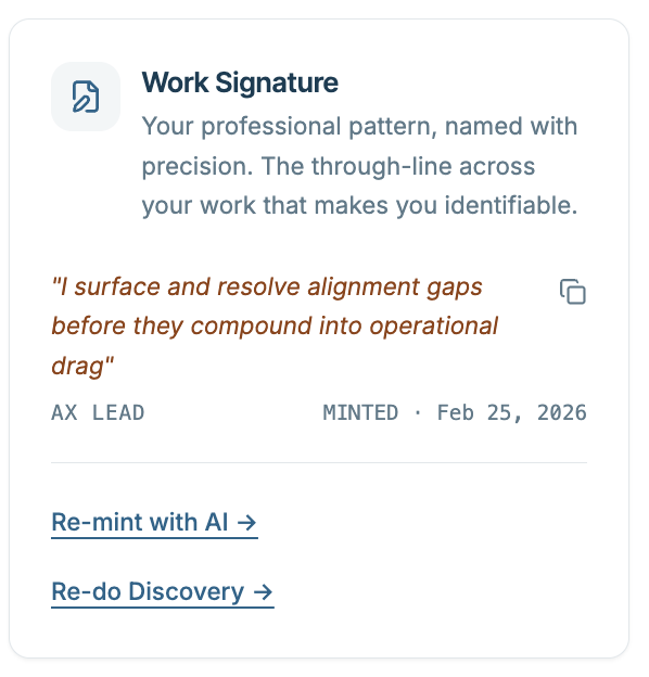 BeamMe Work Signature card — the thread running across your work, named with precision