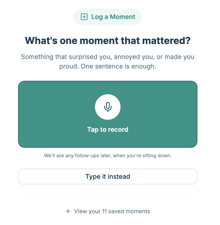 BeamMe voice capture screen — tap to record one moment that mattered