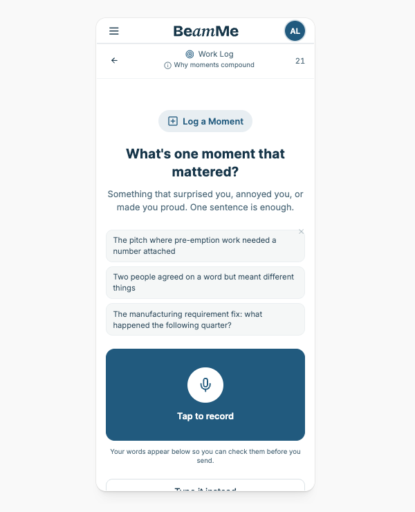 BeamMe voice capture screen — tap to record one moment that mattered