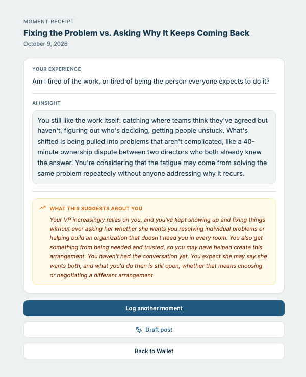 BeamMe moment receipt — your experience and what BeamMe noticed, anchored to what you said