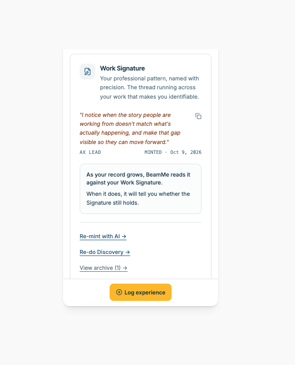 BeamMe Work Signature card — the thread running across your work, named with precision